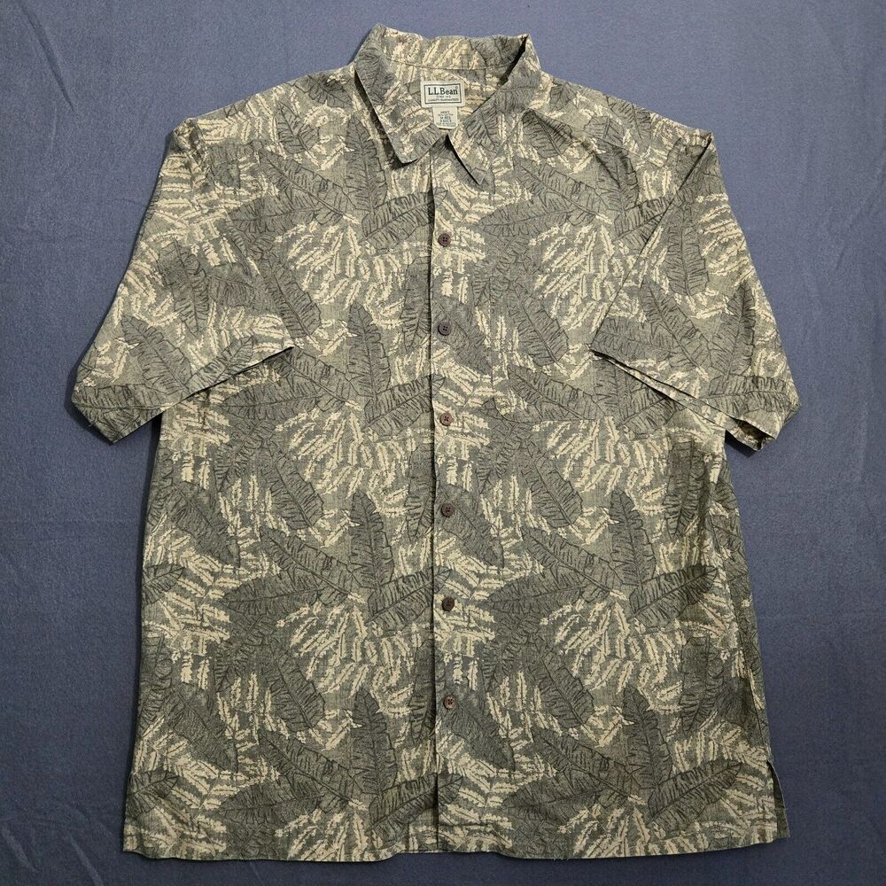 L.L. Bean Shirt Men M Green Leaf Floral Button Up Short Sleeve